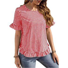 Floerns Women's Ruffle Trim Short Sleeve Gingham Print Casual Blouse Top