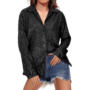 Zando Sequin Tops for Women Sequin Top Sparkly Tops for Women Sparkle Tops for Women Button Down Shirt Casual Party Club