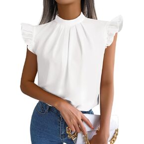 Rooscier Women's Mock Neck Pleated Ruffle Cap Sleeve Frill Trim Dressy Casual Blouse Tops
