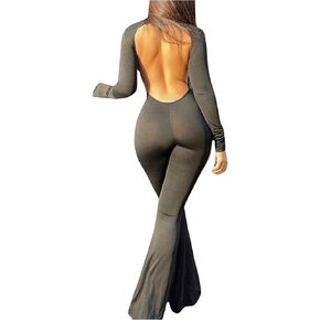 MakeMeChic Women's Backless Long Sleeve Flared Jumpsuit Sexy Bodycon Romper Bodysuits