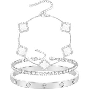 Silver Four Leaf Bracelets for Mom Lover Girlfriend Silver Tennis Bracelet 18K White Gold Silver Plated Four Leaf Bracelet Set for Women Girls Valentine's Day Gift Mother's Day Gifts