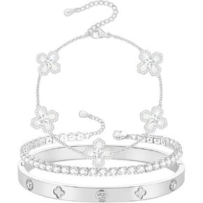 Silver Four Leaf Bracelets for Mom Lover Girlfriend Silver Tennis Bracelet 18K White Gold Silver Plated Four Leaf Bracelet Set for Women Girls Valentine's Day Gift Mother's Day Gifts