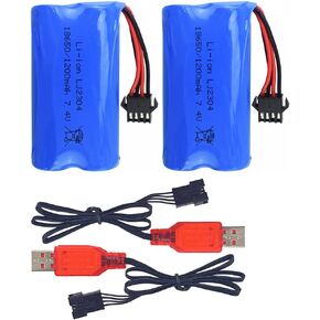 2PCS 7.4V 1200mAh Lithium Battery with SM-4P 4 pin Plug USB Charging Cable for EC08 RC Boat RC Car Model Spare Battery