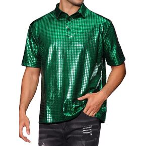 Lars Amadeus Metallic Shirts for Men's Sequin Polo Short Sleeve Party Prom 70s Disco Shiny Shirt