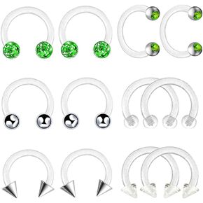 12pc 16g Acrylic Horseshoe Nose Septum Lip CZ Crystal Ball Hoop Bar Ring Ear Body Piercing Retainer