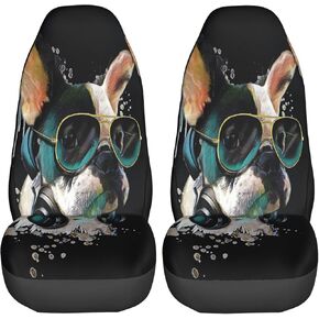 Headphones French Bulldog 2 Pcs Car Seat Covers Set Vehicle Front Seat Protector Auto Interior Accessories Protetors Car Mat Covers Universal fit Most Car SUV Van Truck
