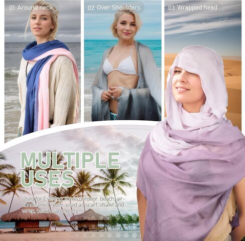 Women Summer Cotton Linen Scarfs Gradient Two-tone Shawl Beach Gauze Long Lightweight Travel Wrap 75"×35" in Kuwait