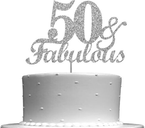 Fabulous & 50 Silver Glitter Cake Topper, 50th Birthday Party Decorations Ideas, Premium Quality Decoration, Sturdy Doubled Sided Glitter, Acrylic Stick. Made in USA in Saudi Arabia