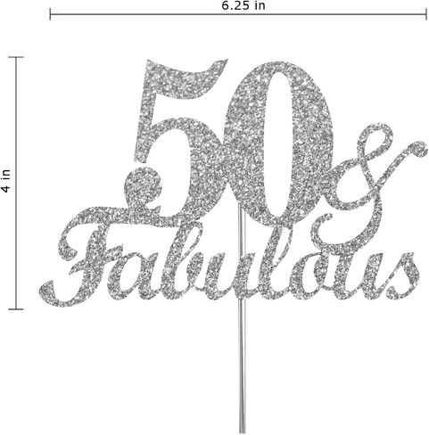 Fabulous & 50 Silver Glitter Cake Topper, 50th Birthday Party Decorations Ideas, Premium Quality Decoration, Sturdy Doubled Sided Glitter, Acrylic Stick. Made in USA in Saudi Arabia