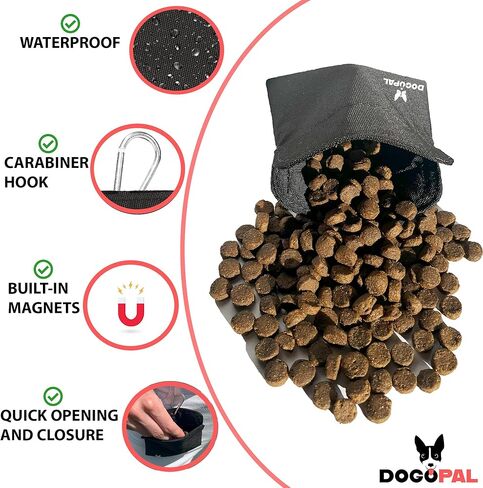 حقيبة مكافآت الكلاب من دوجوبال - أكياس مكافآت لتدريب الحيوانات الأليفة - ملحقات مشي الكلاب والسفر - سهولة الوصول بيد واحدة إلى المكافآت من الحقيبة (أسود، صغير) in Kuwait