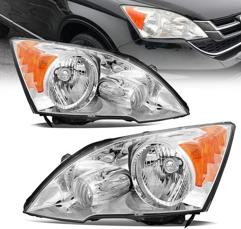 Headlight Assembly Fit for 2007-2011 Honda CR-V,Halogen Headlamp Compatible with CRV 2007 2008 2009 2010 2011 Chrome Housing Amber Reflector Replacement Driver Passenger Side in Kuwait