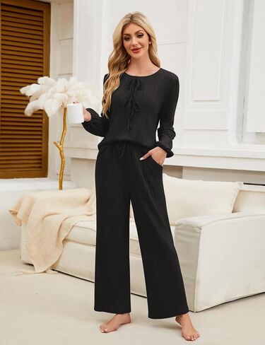 Blooming Jelly Womens Cute 2 Piece Pajama Sets Ribbed Bow Tie Lounge Set Fleece Long Puff Sleeve Pj Sleepwear Pockets in Saudi Arabia