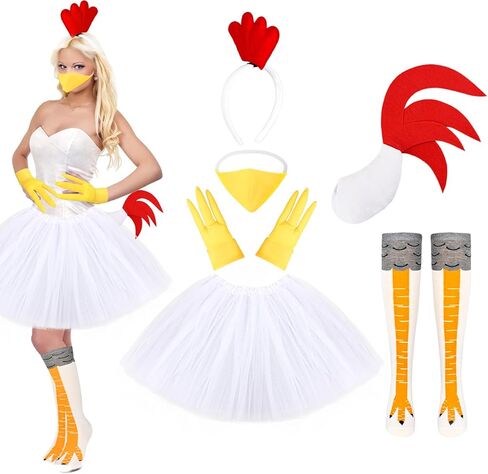 6 Pcs Chicken Costume Set Chicken Headband Tail Nose Gloves Tutu Skirt Socks for Women Halloween Rooster Dress up in Kuwait