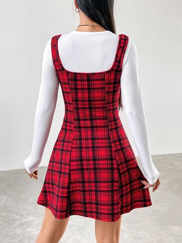 Milumia Women's Plaid Overall Dress Sleeveless Flare Short Pinafore Suspender Skirt in Saudi Arabia