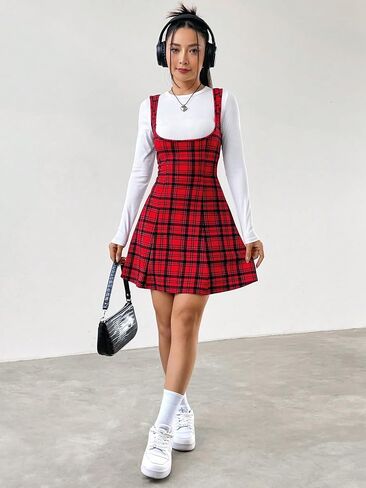 Milumia Women's Plaid Overall Dress Sleeveless Flare Short Pinafore Suspender Skirt in Saudi Arabia