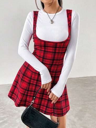 Milumia Women's Plaid Overall Dress Sleeveless Flare Short Pinafore Suspender Skirt in Saudi Arabia