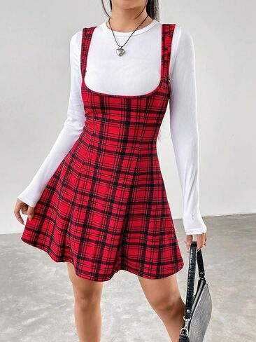 Milumia Women's Plaid Overall Dress Sleeveless Flare Short Pinafore Suspender Skirt in Saudi Arabia