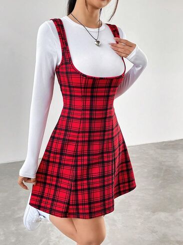 Milumia Women's Plaid Overall Dress Sleeveless Flare Short Pinafore Suspender Skirt in Saudi Arabia