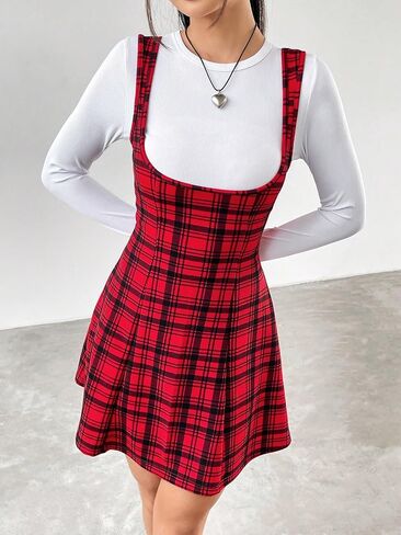 Milumia Women's Plaid Overall Dress Sleeveless Flare Short Pinafore Suspender Skirt in Saudi Arabia