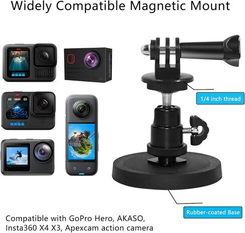 حامل كاميرا مغناطيسي متوافق مع GoPro Hero 12/11/10/9/8، AKASO EK7000 Brave 4، DJI Osmo، Insta360 X3 Action Camera مع خيط 1/4 بوصة، قاعدة تثبيت مغناطيسية مع رأس كرة دوارة in Kuwait