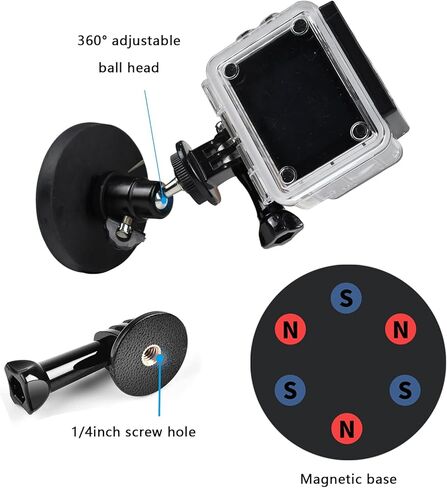 حامل كاميرا مغناطيسي متوافق مع GoPro Hero 12/11/10/9/8، AKASO EK7000 Brave 4، DJI Osmo، Insta360 X3 Action Camera مع خيط 1/4 بوصة، قاعدة تثبيت مغناطيسية مع رأس كرة دوارة in Kuwait