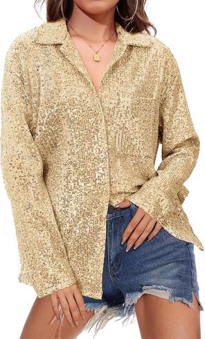 Zando Sequin Tops for Women Sequin Top Sparkly Tops for Women Sparkle Tops for Women Button Down Shirt Casual Party Club in Saudi Arabia