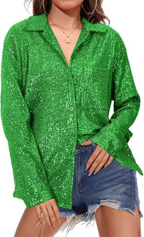 Zando Sequin Tops for Women Sequin Top Sparkly Tops for Women Sparkle Tops for Women Button Down Shirt Casual Party Club in Saudi Arabia