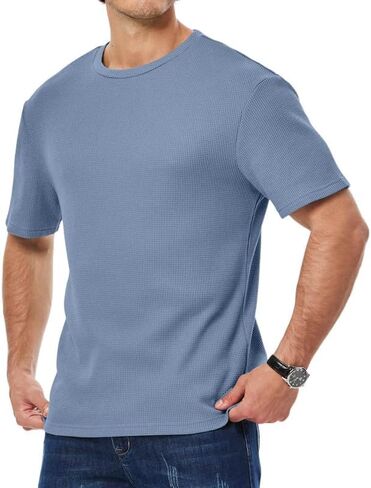 Men's Casual T-Shirts Lightweight Crewneck Solid Color Short Sleeve Waffle Pullover Tees in Saudi Arabia
