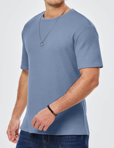 Men's Casual T-Shirts Lightweight Crewneck Solid Color Short Sleeve Waffle Pullover Tees in Saudi Arabia