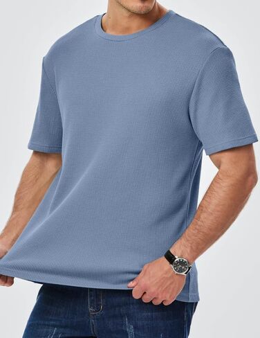 Men's Casual T-Shirts Lightweight Crewneck Solid Color Short Sleeve Waffle Pullover Tees in Saudi Arabia