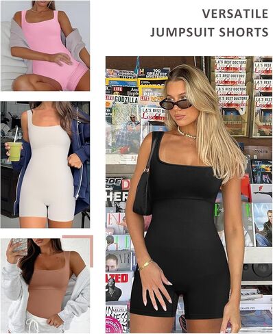 FeelinGirl Womens Jumpsuits Shorts Workout Romper Square Neck Bodysuit Yoga Bodycon Summer Outfits in Saudi Arabia