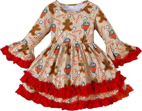 Little Girl Christmas Dress Ruffle Long Sleeve Santa Print Dress Kids Xmas Outfit in Kuwait