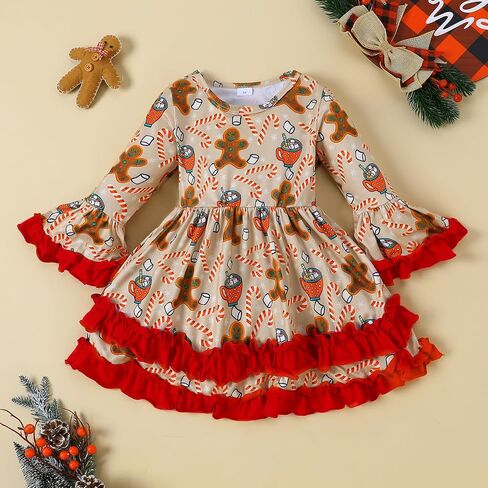 Little Girl Christmas Dress Ruffle Long Sleeve Santa Print Dress Kids Xmas Outfit in Kuwait