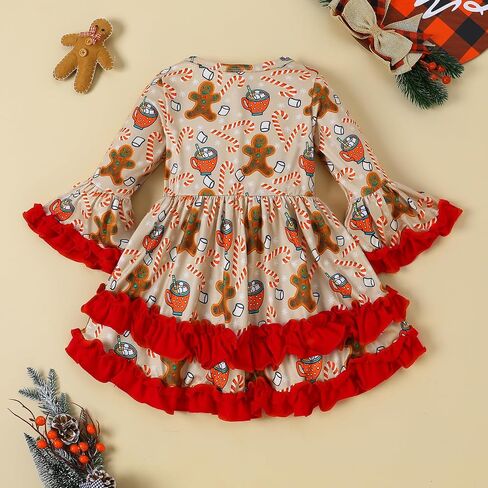Little Girl Christmas Dress Ruffle Long Sleeve Santa Print Dress Kids Xmas Outfit in Kuwait