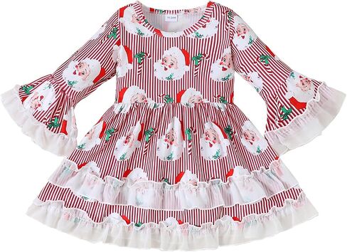 Little Girl Christmas Dress Ruffle Long Sleeve Santa Print Dress Kids Xmas Outfit in Kuwait