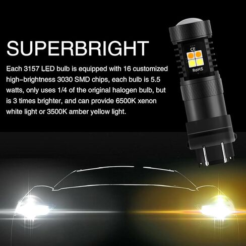 2 PCS 3157 Automotive LED Brake Light, 5630-20SMD 700LM 3000K/6000K Dual-Color Daytime Running Light Brake Light, Fast Response Lighting Accessories, for Most Models (White & Yellow) in Kuwait