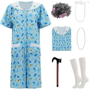 Old Lady Costume for Women, Grandma Costume Kit with Nightgown Old Lady Dress Granny Costume Halloween Outfits
