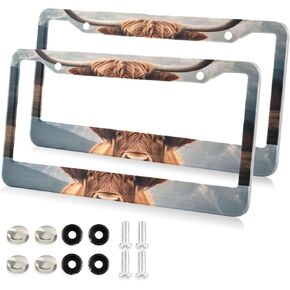 Highland Cow License Plate Frames 2PCS Car License Plate Holder with Screw Caps Cover Set Automotive Parts Decoration for US Vehicles