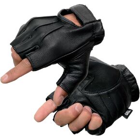 Shaf International SH850 Men's Black Leather Gel Padded Palm Fingerless Motorcycle Hand Gloves W/Soft ‘Genuine USA Deerskin’