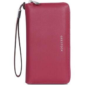 Geestock Large Capacity Credit Card Wallet, 24 Slots RFID Blocking Leather Card Holder Wallets, Zipper Organizer Accordion Wallet for Women Men, Wine Red