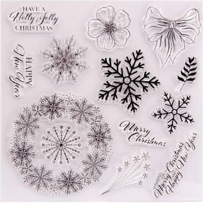 LZBRDY 6.1 Inch Snowflakes Flower Leaf Bow Clear Rubber Stamps for Card Making and Scrapbooking Christmas Craft Stamps