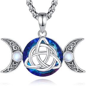 Vito 925 Sterling Silver Wiccan Triple Moon Triquetra Necklace for Women Men, Austrian Crystal Trinity Knot Witchcraft Protection Jewelry Gift, 22"
