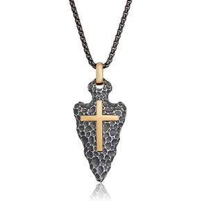 Metro Jewelry Two Tone Stainless Steel Arrowhead Cross Pendant Necklace for Men with Black and Gold Ion Plating on 24 Inches Long Box Chain