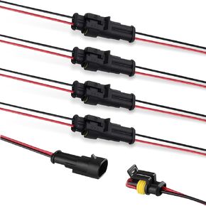5 PCS Automotive Xenon Lamp Wiring Harness Connector, Waterproof Flame Retardant Plug, 2 Pin 1.14" + 1.65" Male and Female Connector with Extended Pigtail, Universal for Cars Trucks (Black)