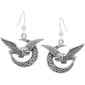 Celtic Irish Silver Earrings Dangle Drop Jewelry for Women 925 Sterling Silver with Box (Celtic Owl on Crescent Moon)