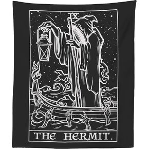 The Hermit Tarot Card Tapestry (Black & White) - Grim Reaper - Gothic Halloween Home Decor Wall Hanging (59" x 51")