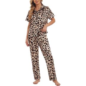 YIJIU Womens Silk Satin Pajamas Set Short Sleeve Sleepwear Soft Button Down Loungewear Two-piece Pjs Sets XS-XXL
