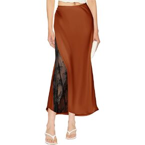 Pasgreson Women's Satin Midi Skirt Low Waisted Side Lace A Line Long Skirts Silk Flowy Elegant Work Party Skirts