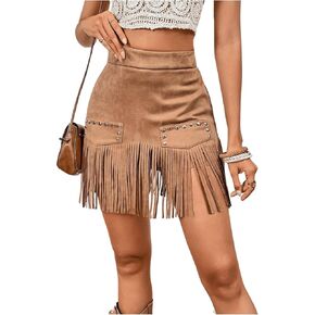 MakeMeChic Women's Faux Suede Fringe Hem Mini Skirt Studded Tassell Bodycon Short Skirts