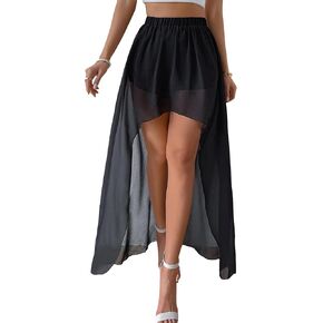 Milumia Women High Low Sheer Flowy Mesh Skirt Flare Hem Maxi Long Skirts with Built-in Shorts